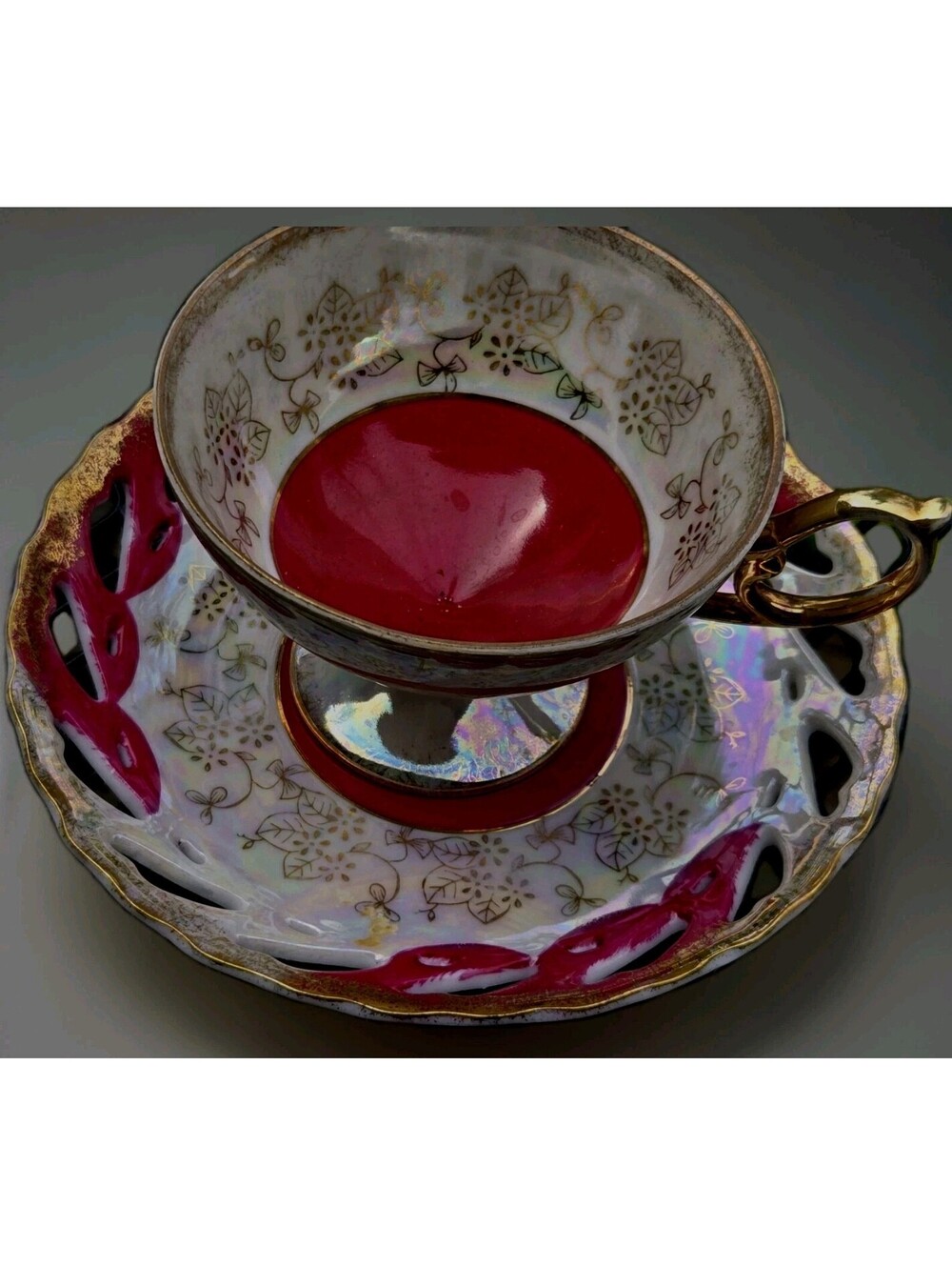 Vintage Lefton China Hand Painted Floral Teacup & Saucer Set '801 Reticulated